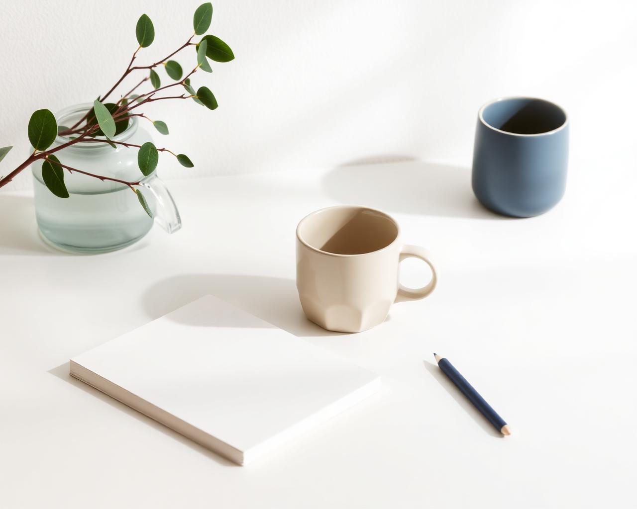 Notebook, herbs, and plant on a calm wooden desk